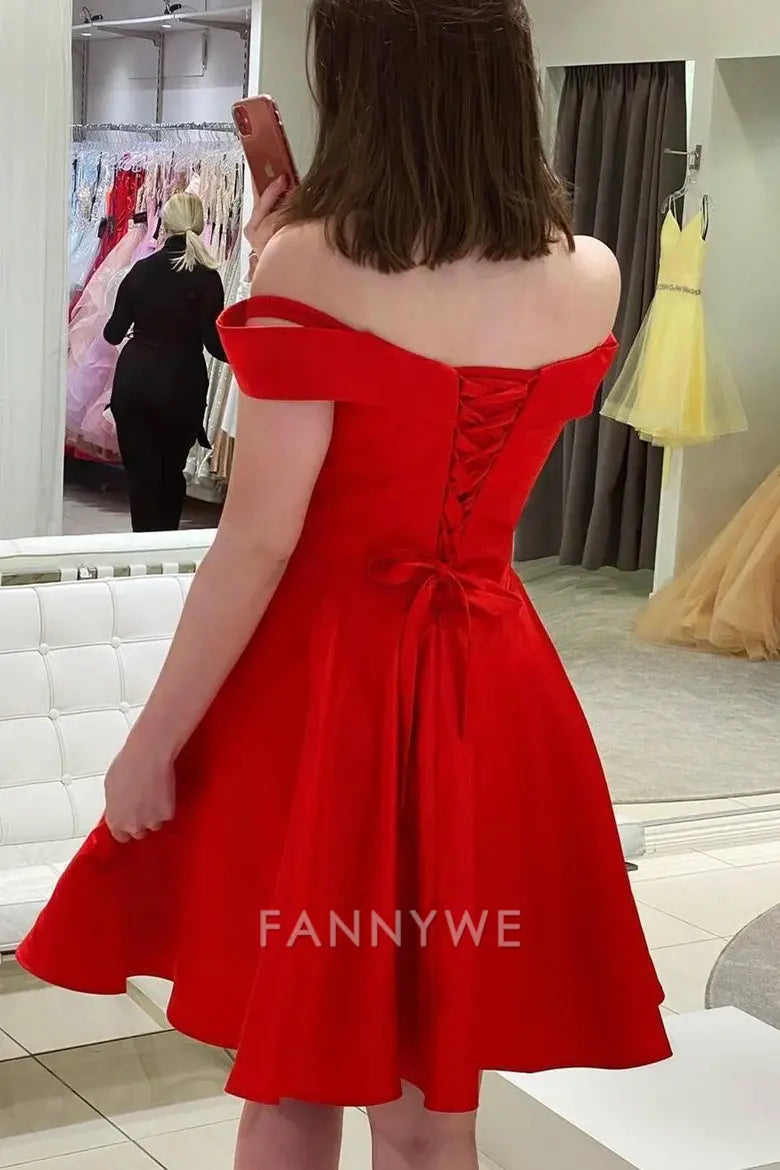 FannyWe Off the Shoulder Red Satin Party Dress formal wear dresses